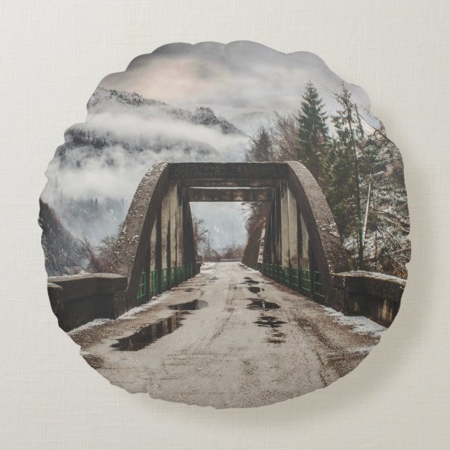 GRAY CONCRETE ARCH BRIDE BESIDE LEAFLESS TREE NEAR ROUND CUSHION (Front)