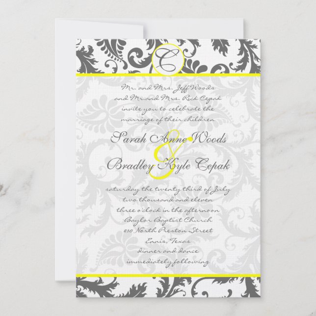 Gray Damask Swirls Bight Yellow Wedding Invitation (Front)