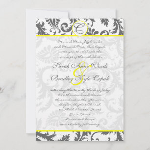 Gray Damask Swirls Bight Yellow Wedding Invitation