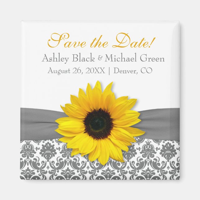 Gray Damask Yellow Sunflower Wedding Save the Date Magnet (Front)