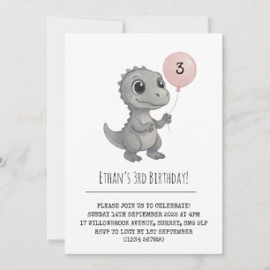 Gray Dino with Pink Balloon Illustration Birthday Invitation