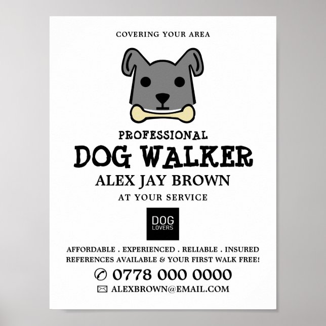Gray Dog with Bone, Dog Walker Advertising Poster (Front)