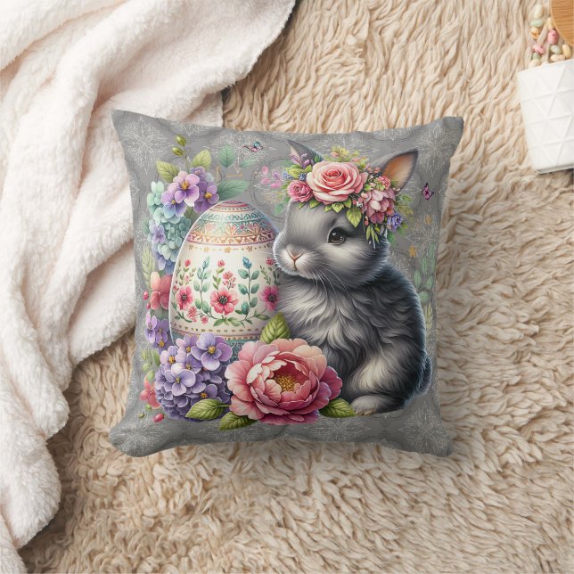 Gray Easter Bunny Damask Pattern Throw Pillow (Blanket)