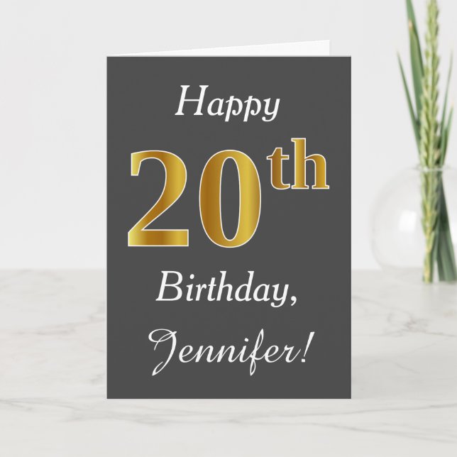 Gray, Faux Gold 20th Birthday + Custom Name Card (Front)
