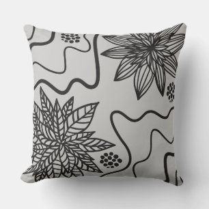 GRAY FLORAL BLACK DESIGN Retro Throw Pillow