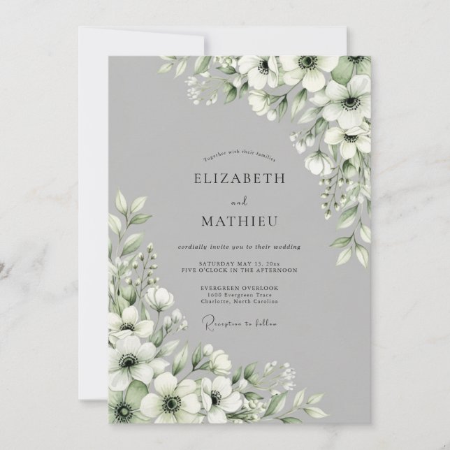 Gray Floral Bloom Wedding Invitation (Front)