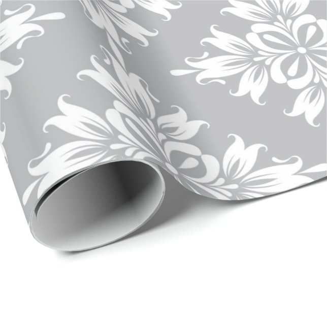 Gray Floral Damask Symetric Royal Bridal Wedding Wrapping Paper (Roll Corner)