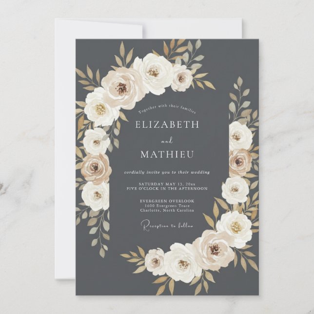 Gray Floral Laurel Wedding Invitation (Front)