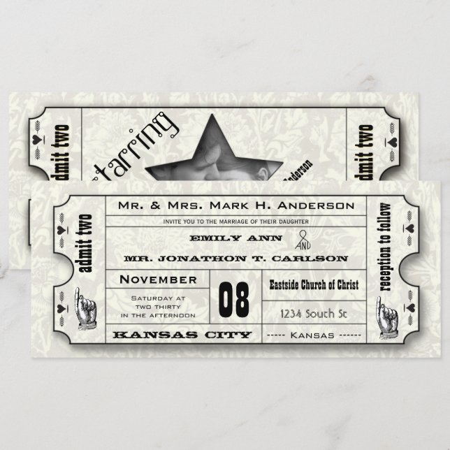 Gray Floral Modern Typography Ticket Wedding Invitation (Front/Back)