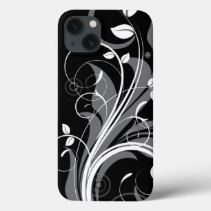 Gray Floral Pattern on Black iPhone 13 Case