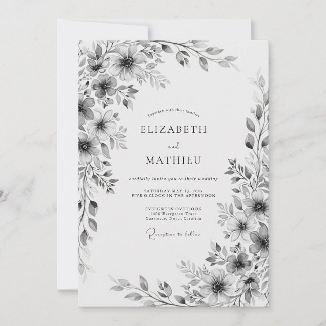 Gray Floral Wedding Invitation (Front)