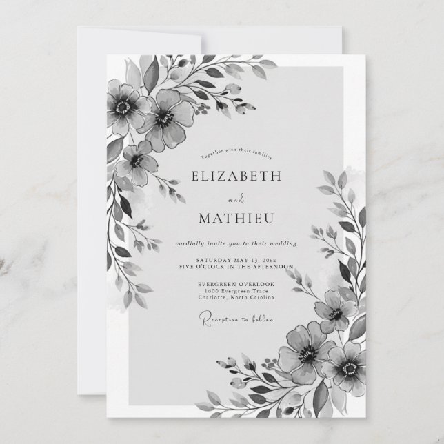 Gray Floral Whimsical Wedding Invitation (Front)