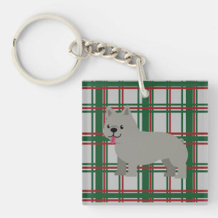 Gray French Bulldog, Christmas Plaid Key Ring