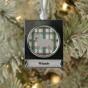 Gray French Bulldog, Christmas Plaid Silver Plated Banner Ornament