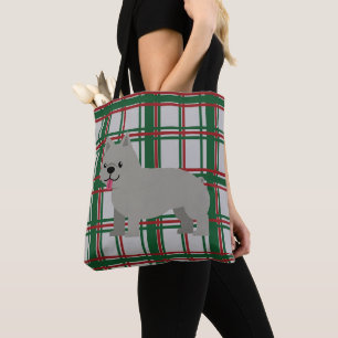 Gray French Bulldog, Christmas Plaid Tote Bag