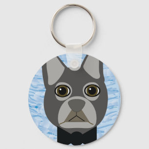 Gray French Bulldog, watercolor blue Key Ring
