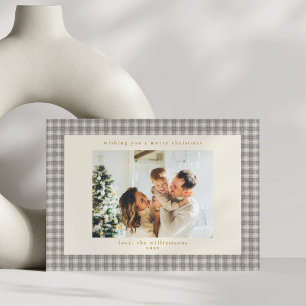 Gray Gingham Christmas Horizontal Photo Vintage Holiday Card