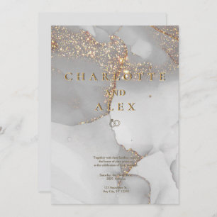 Gray Glitter Chic Alcohol Ink Wedding Invitation