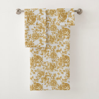 Gray & Gold Floral Damask Peony Rose Bath Towel Set