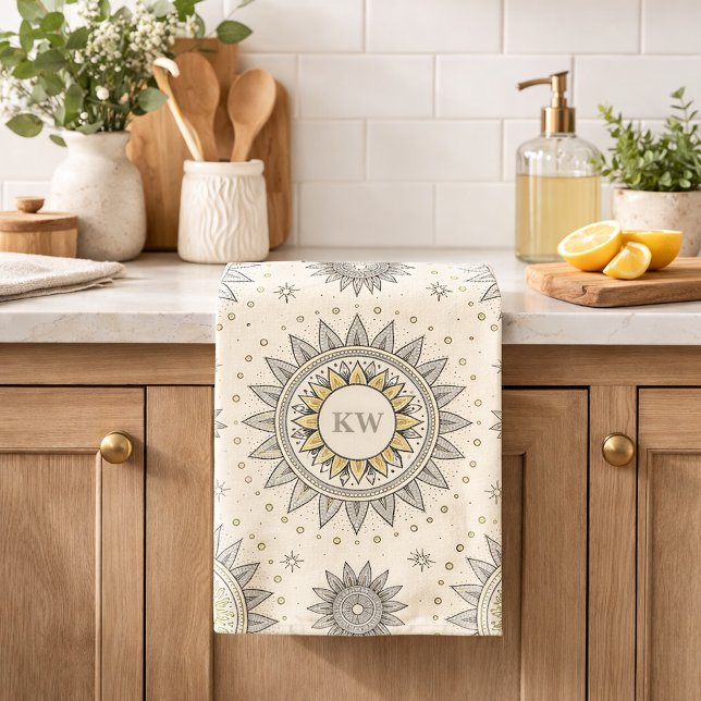 Gray Gold Mandala Pattern Monogram Tea Towel (Creator Uploaded)