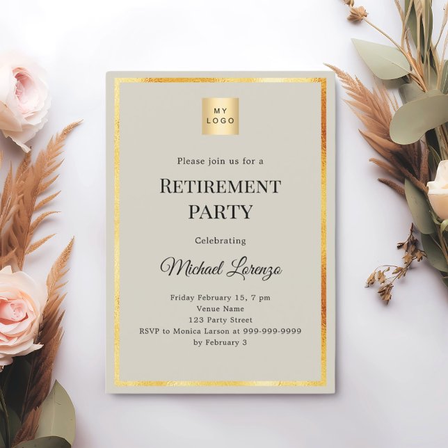 Gray gold retirement party business logo invitation (Creator Uploaded)