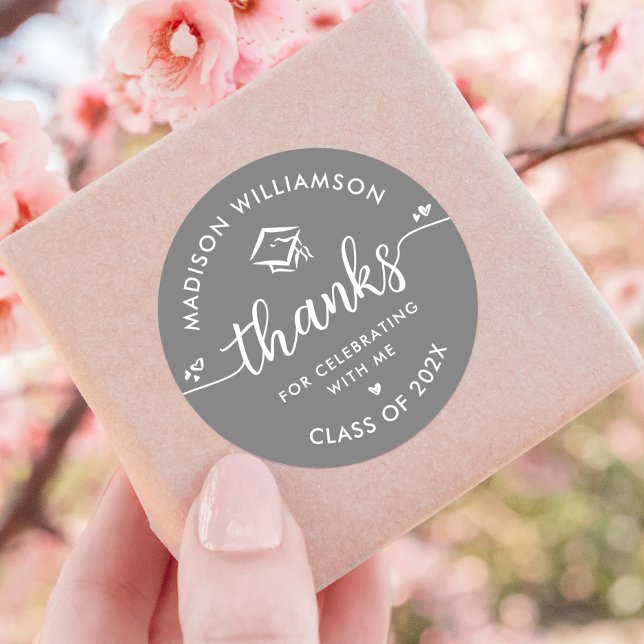 Gray Graduation Modern Thank You Script Hearts Cap Classic Round Sticker (Creator Uploaded)