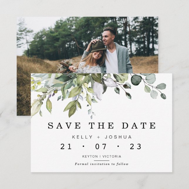 Gray Green Foliage Wedding Save The Date Card (Front/Back)