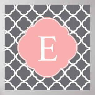 Gray Grey Peach Quatrefoil Monogram Poster