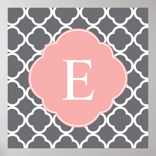 Gray Grey Peach Quatrefoil Monogram Poster (Front)