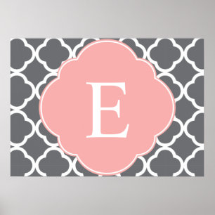 Gray Grey Peach Quatrefoil Monogram Poster