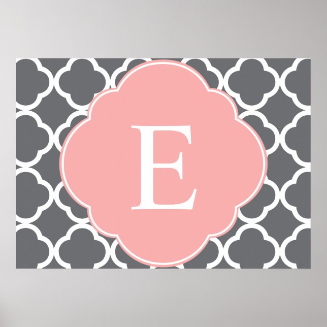 Gray Grey Peach Quatrefoil Monogram Poster (Front)