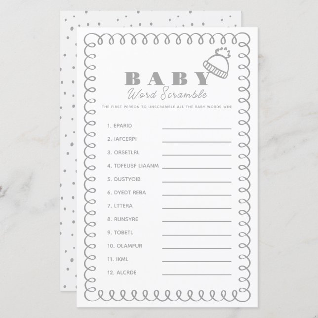 Gray Hand-Drawn Beanie Baby Word Scramble (Front/Back)