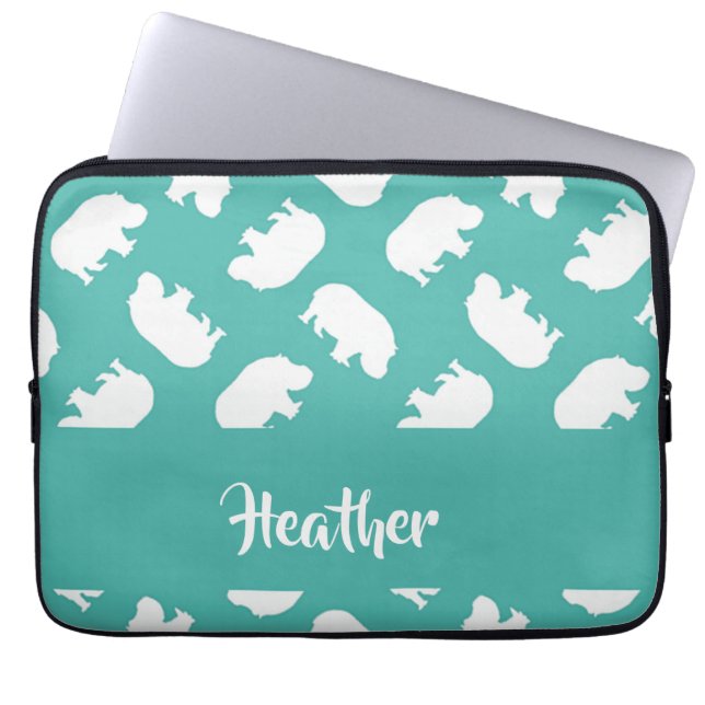 Gray hippo silhouette on teal laptop sleeve (Front)