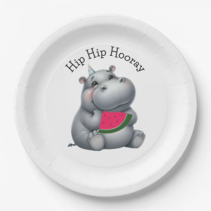Gray Hippo Watermelon Birthday  Paper Plate