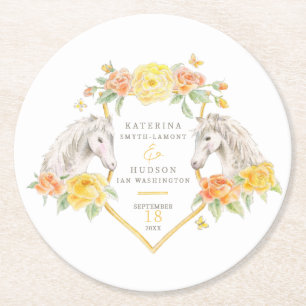 Gray horses and yellow roses monogrammed wedding round paper coaster