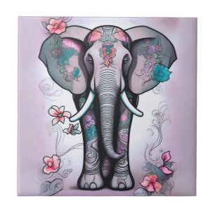 Gray Indian Elephant Embellished with Flowers Tile