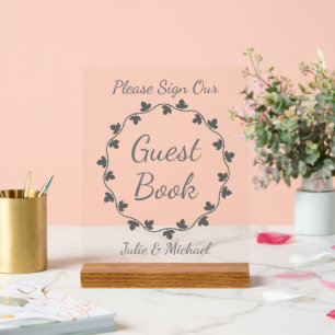 Gray Ivy Wreath Wedding Guest Book Acrylic Sign
