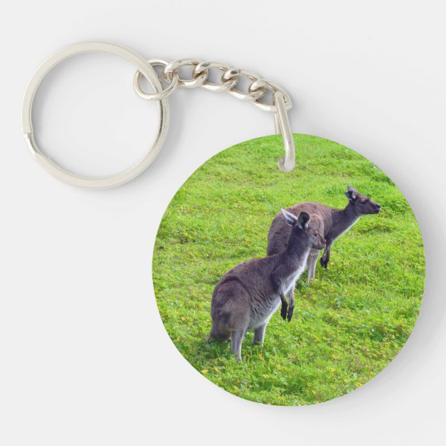 Gray Kangaroos On Green Grass, Key Ring (Front)