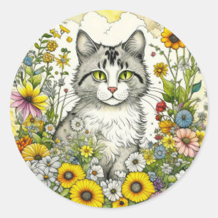 Gray Kitty Cat Sitting in Flowers  Classic Round Sticker