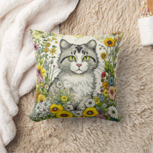Gray Kitty Cat Sitting in Flowers  Cushion