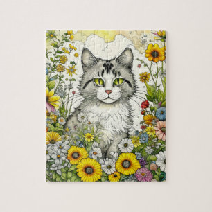 Gray Kitty Cat Sitting in Flowers Jigsaw Puzzle