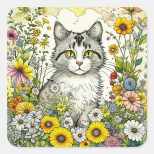 Gray Kitty Cat Sitting in Flowers  Square Sticker