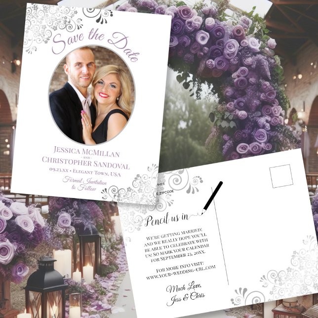 Gray Lace Purple White Wedding Save the Date Photo Announcement Postcard (Front/Back)