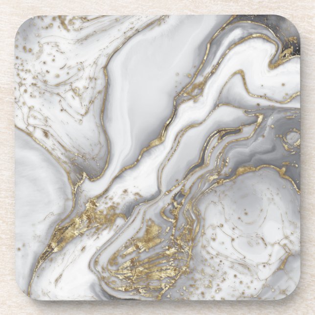 Gray liquid marble - pearl and gold coaster (Front)