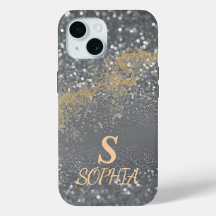 Gray marble chic gold glitter monogram iPhone 15 case