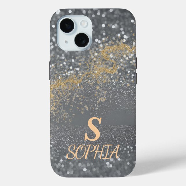 Gray marble chic gold glitter monogram Case-Mate iPhone case (Back)