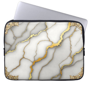 Gray Marble Gold Ornate Frame Pattern Laptop Sleeve