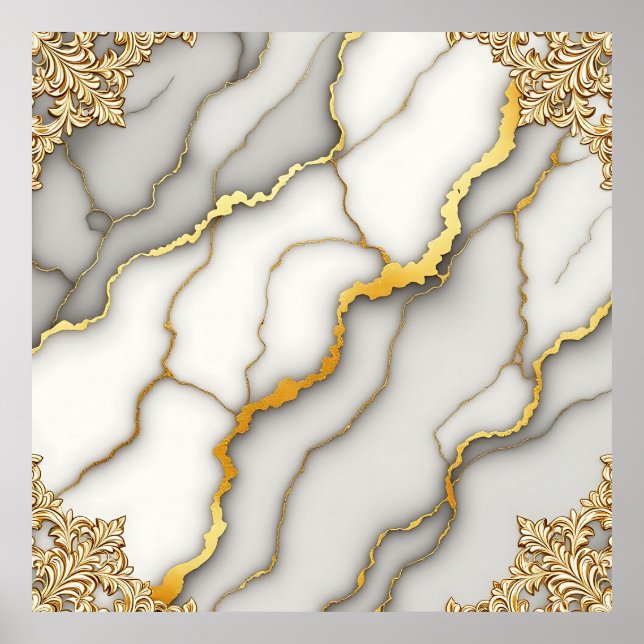 Gray Marble Gold Ornate Frame Pattern Poster (Front)