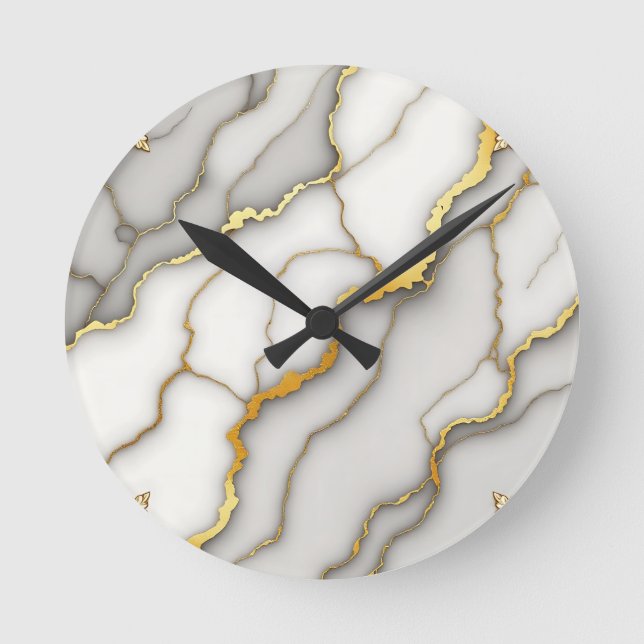 Gray Marble Gold Ornate Frame Pattern Round Clock (Front)