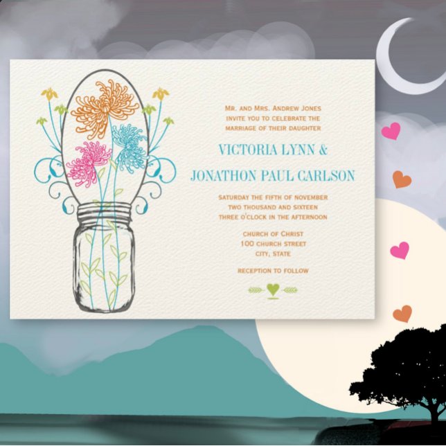 Gray Mason Jar Pink Coral Lime Aqua Floral Wedding Invitation (Creator Uploaded)